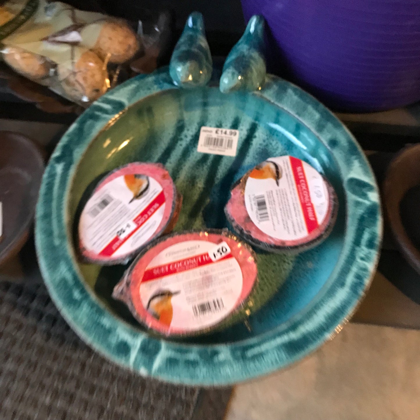 MIMS Starlight Bird bath with 2 birds - Glazed Ceramic Birdbath in 4 colours